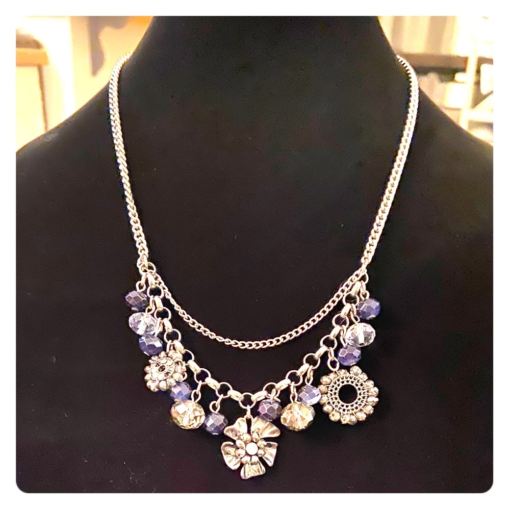 Blue n Gray Silvertone Bead Necklace/Choker